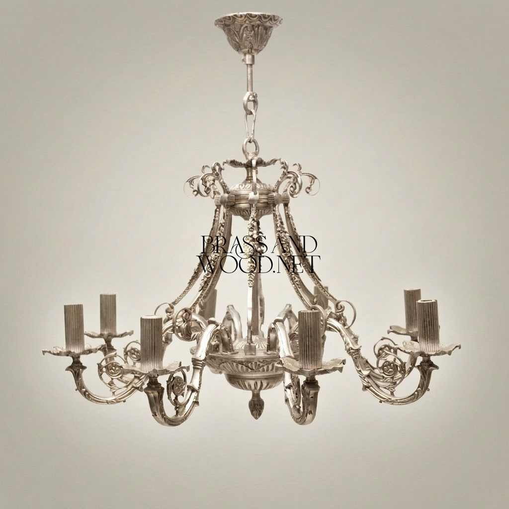 Empire Neoclassical Solid Brass 8-Arm Chandelier with Scroll Arms & Acanthus Crown — Silver