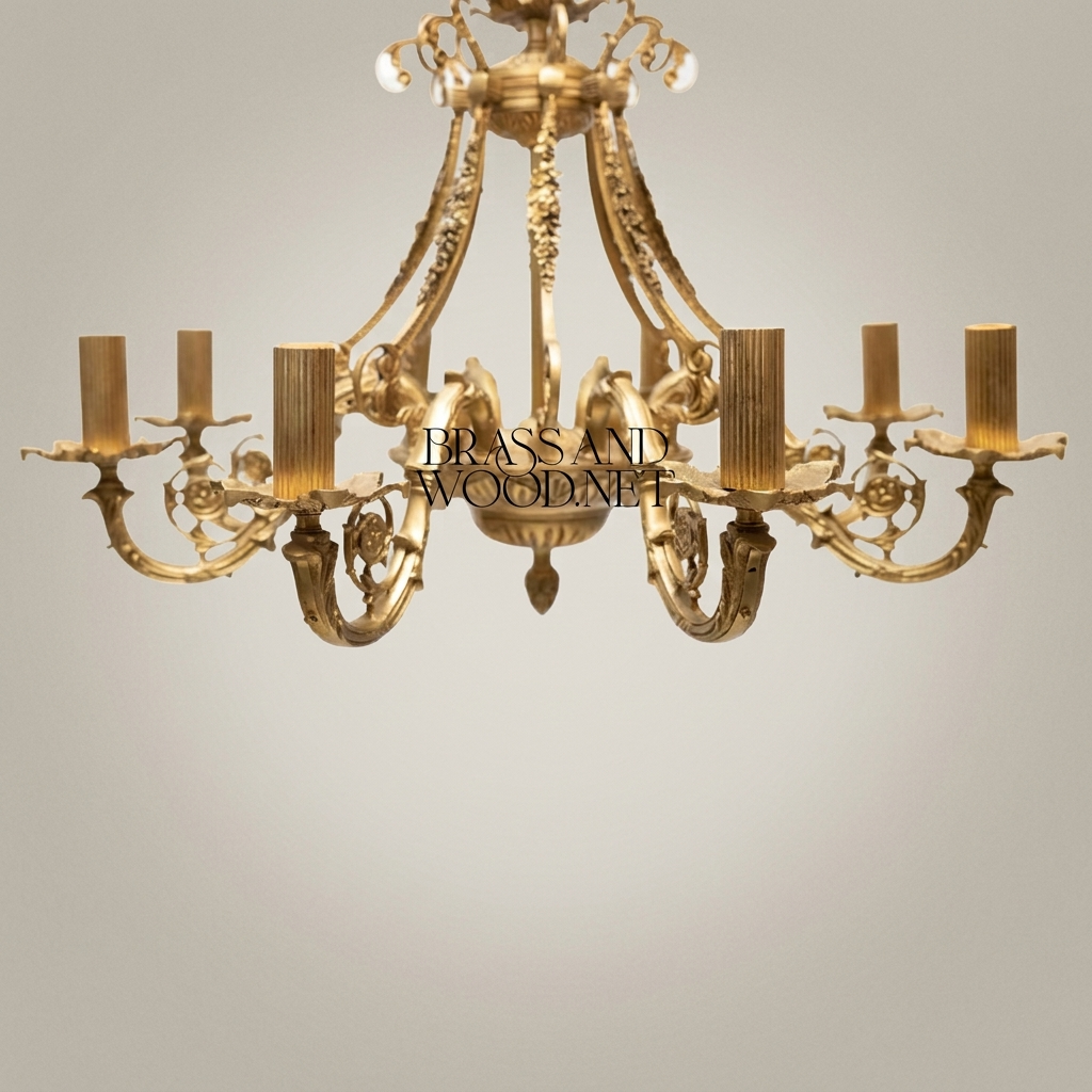 Empire Neoclassical Solid Brass 8-Arm Chandelier with Scroll Arms & Acanthus Crown — Antique Gold