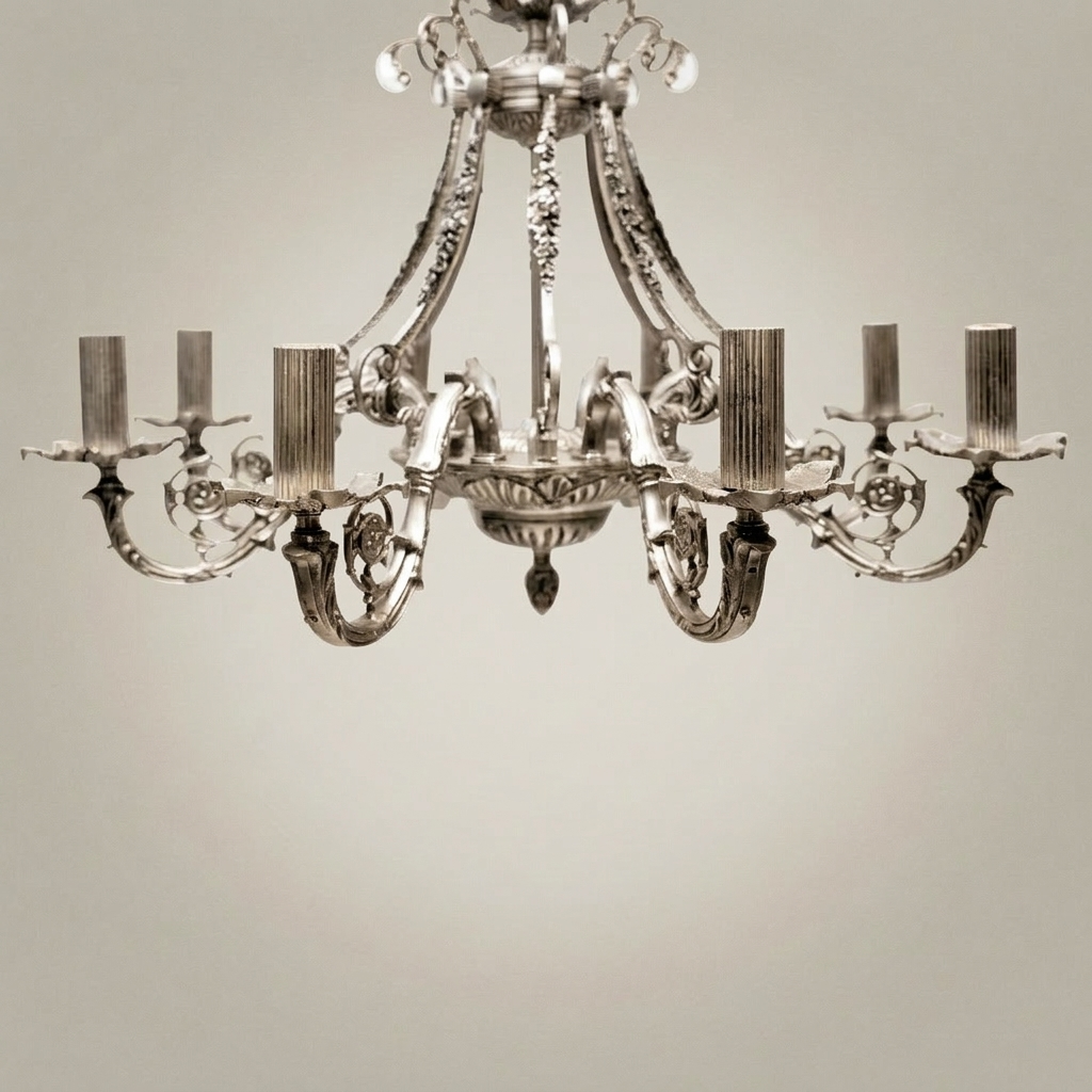 Empire Neoclassical Solid Brass 8-Arm Chandelier with Scroll Arms & Acanthus Crown — Silver