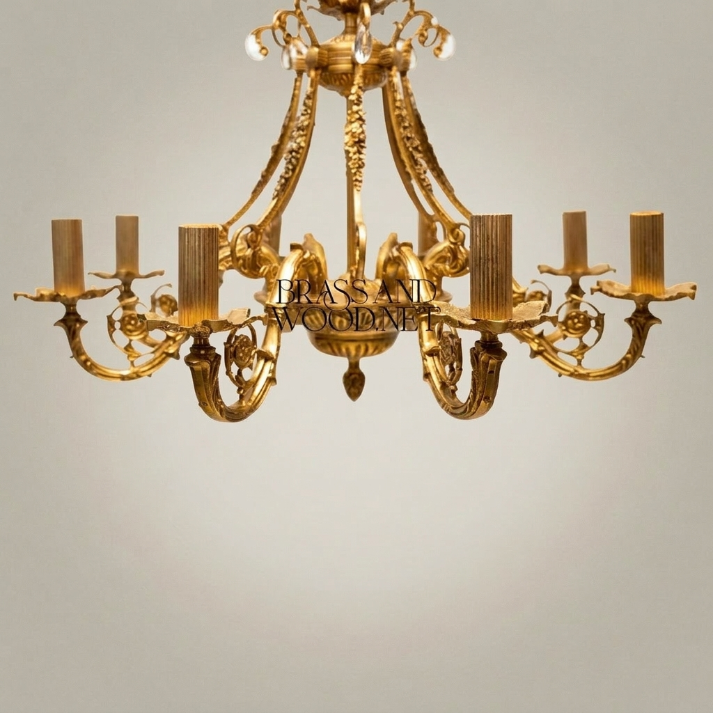 Empire Neoclassical Solid Brass 8-Arm Chandelier with Scroll Arms & Acanthus Crown