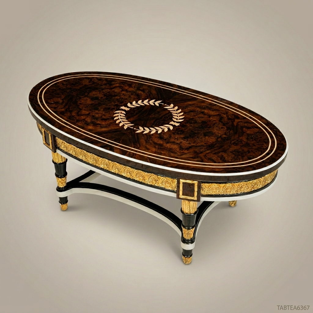 Empire Oval Coffee Table | Burl Wood Marquetry & Gilt Bronze Mounts