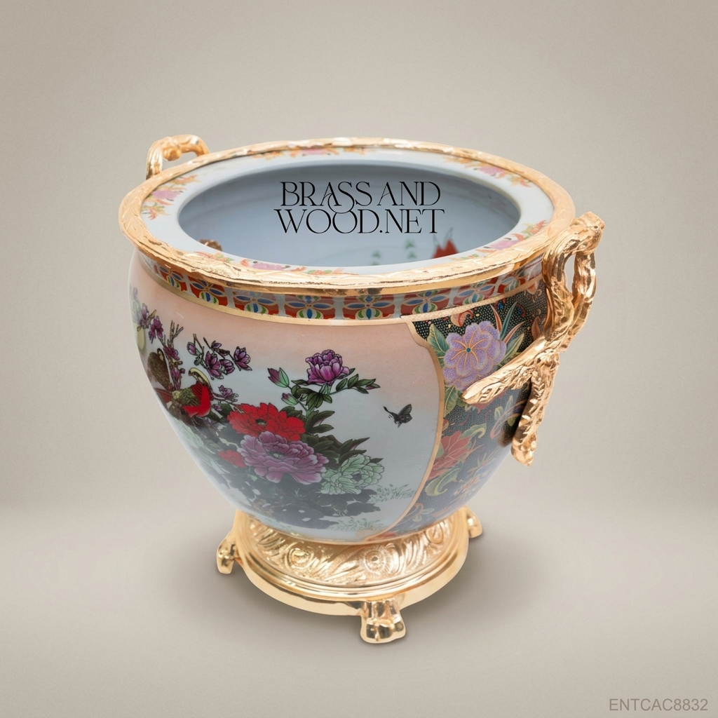 Empire Porcelain & Gold Brass Cachepot – Birds & Peonies Trio