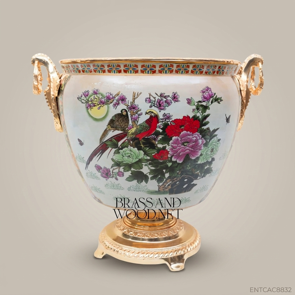 Empire Porcelain & Gold Brass Cachepot – Birds & Peonies Trio
