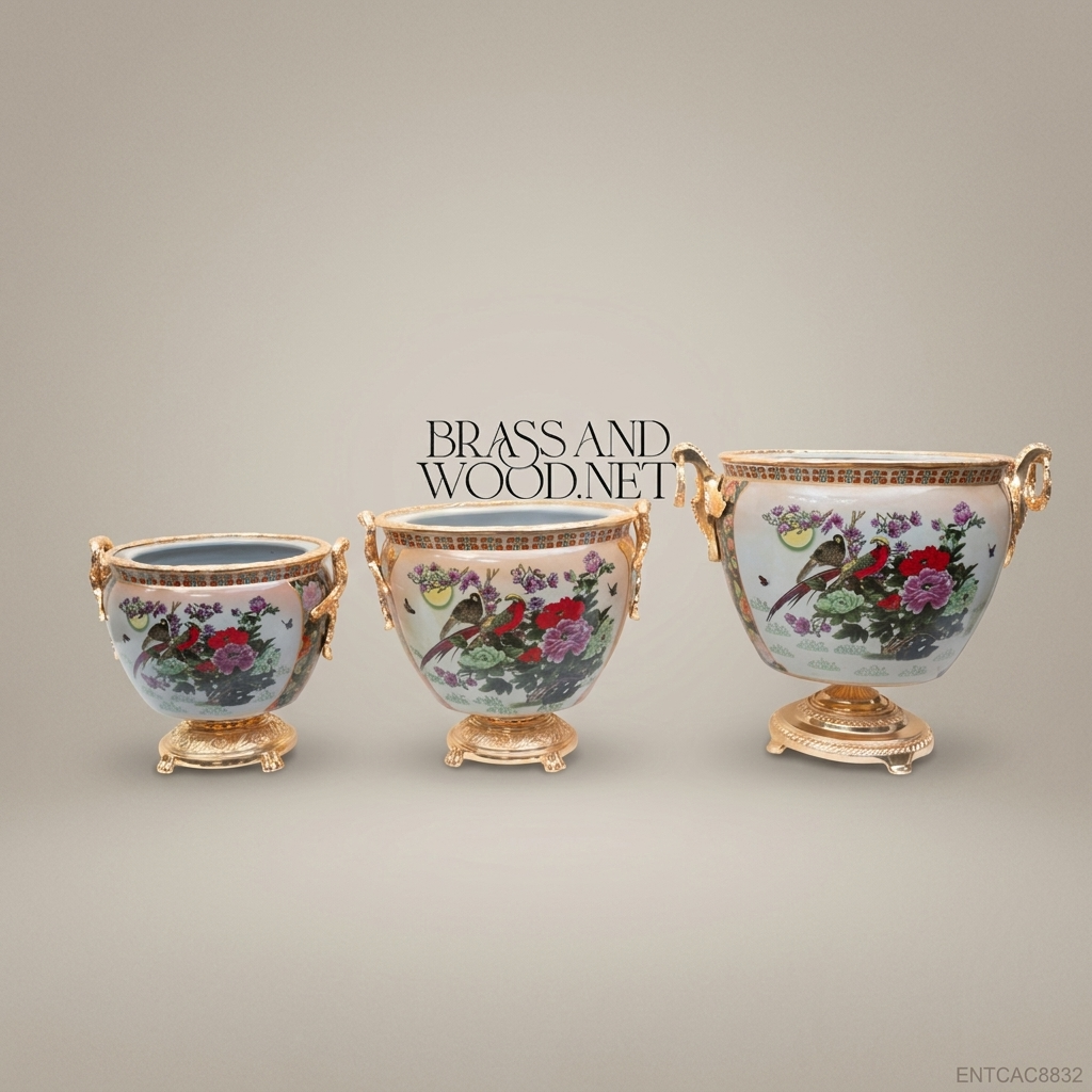 Empire Porcelain & Gold Brass Cachepot – Birds & Peonies Trio