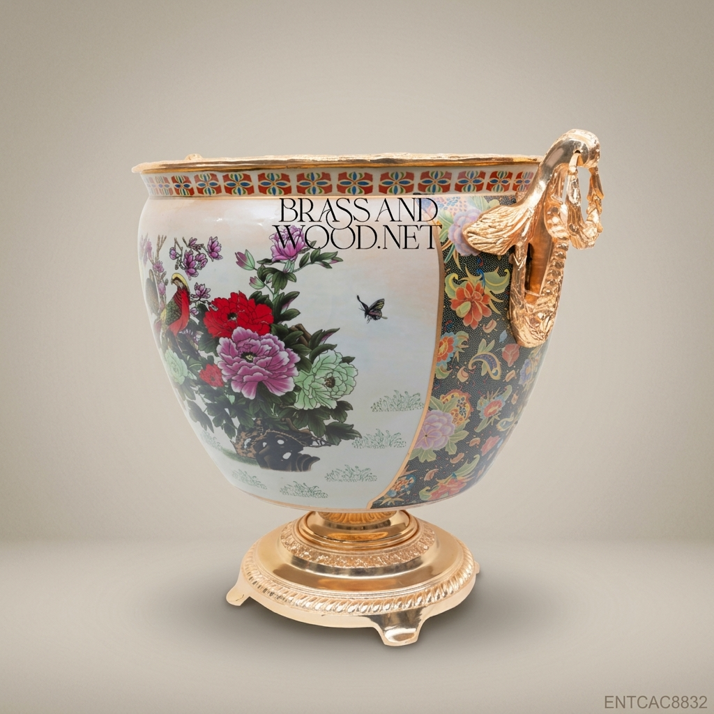 Empire Porcelain & Gold Brass Cachepot – Birds & Peonies Trio