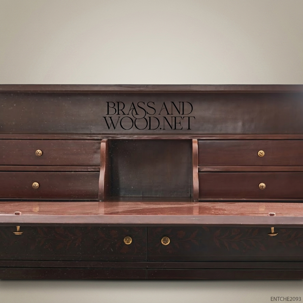 Empire Secretary Chest of Drawers – Dark Walnut with Floral Marquetry & Brass Hardware