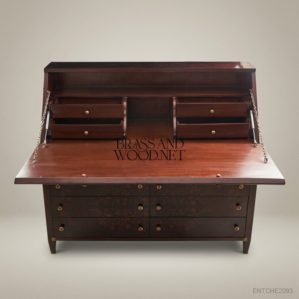 Empire Secretary Chest of Drawers – Dark Walnut with Floral Marquetry & Brass Hardware