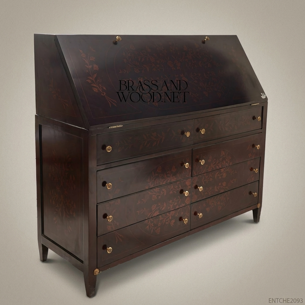 Empire Secretary Chest of Drawers – Dark Walnut with Floral Marquetry & Brass Hardware