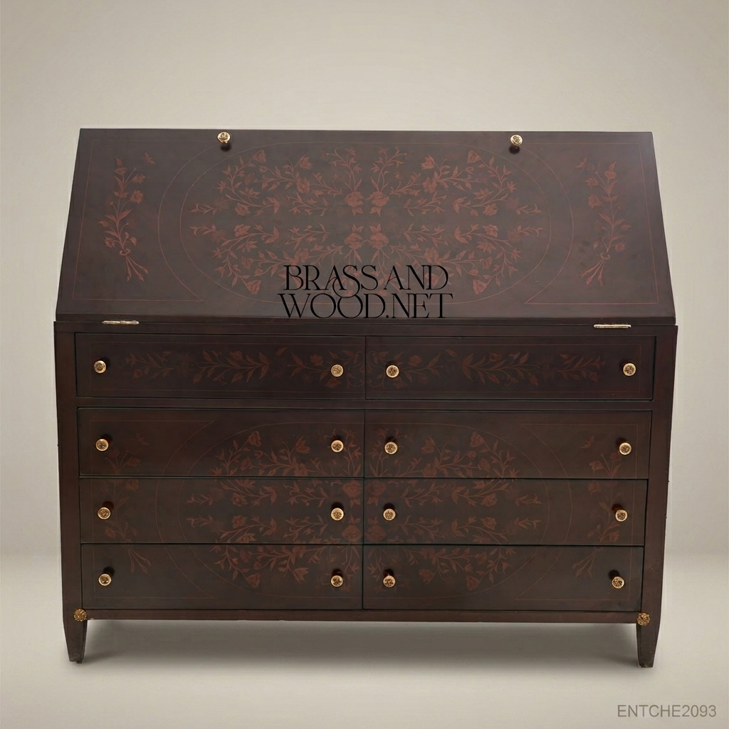 Empire Secretary Chest of Drawers – Dark Walnut with Floral Marquetry & Brass Hardware