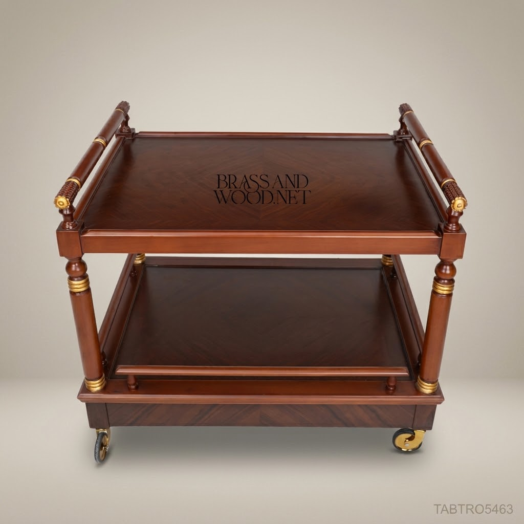 Empire Tea Trolley – Solid Mahogany & Antique Brass Two-Tier Rolling Cart