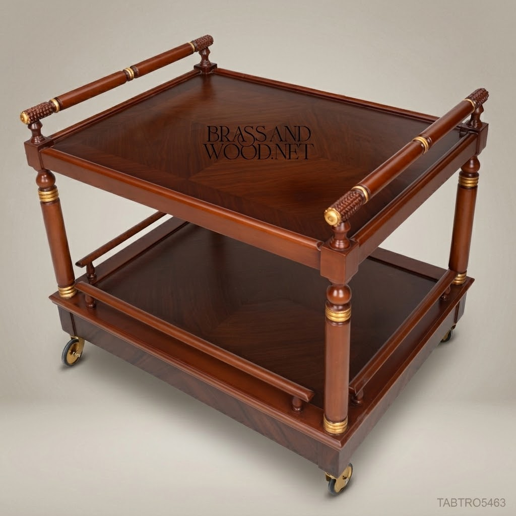 Empire Tea Trolley – Solid Mahogany & Antique Brass Two-Tier Rolling Cart