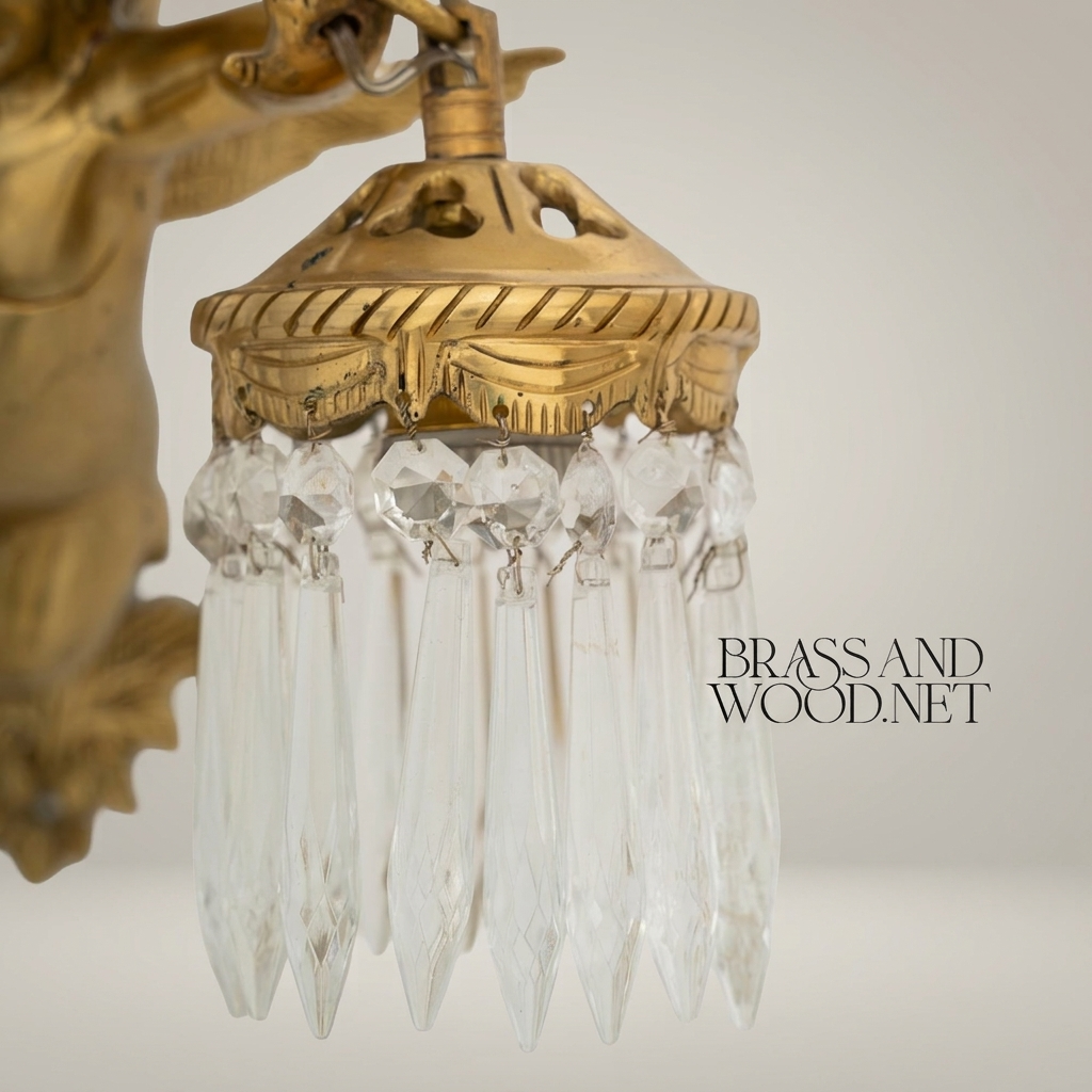 Empire Winged Cherub Brass Wall Sconce with Crystal Drops - Double Arm — Antique Gold