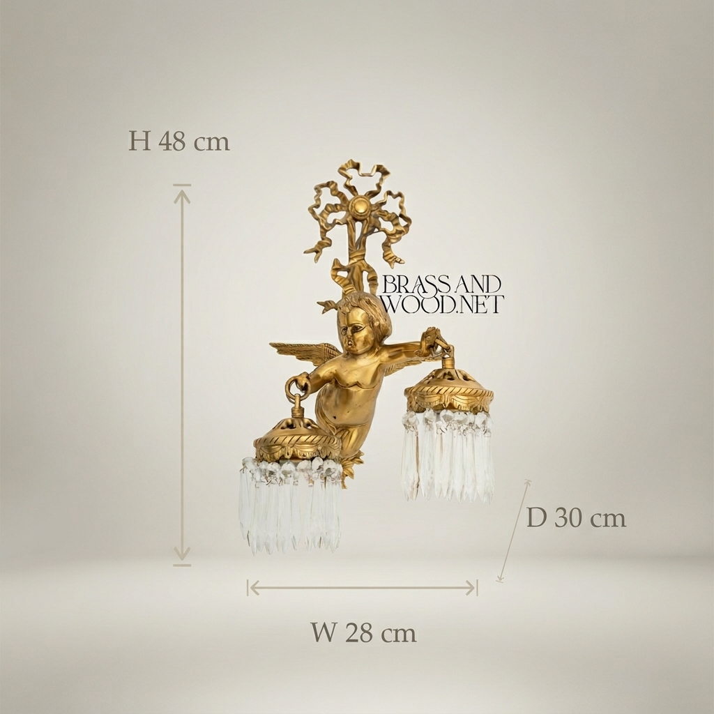 Empire Winged Cherub Brass Wall Sconce with Crystal Drops - Double Arm — Antique Gold