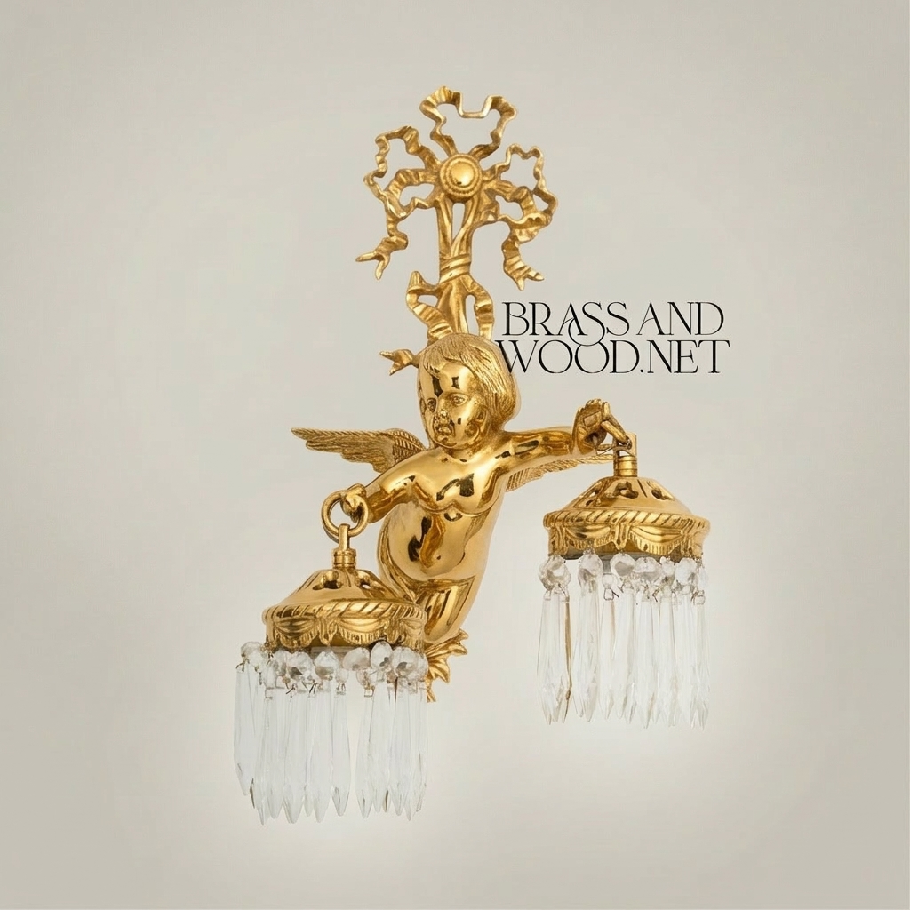 Empire Winged Cherub Brass Wall Sconce with Crystal Drops - Double Arm