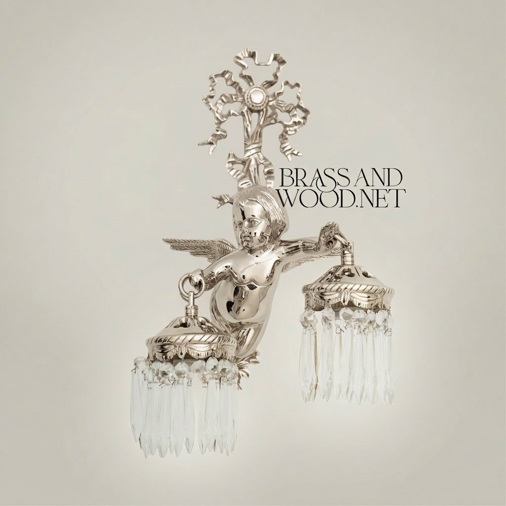 Empire Winged Cherub Brass Wall Sconce with Crystal Drops - Double Arm — Silver