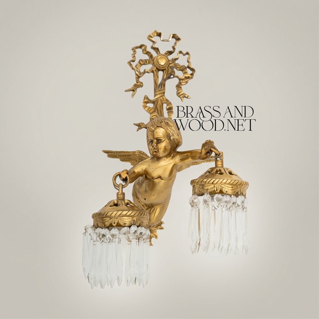 Empire Winged Cherub Brass Wall Sconce with Crystal Drops - Double Arm — Antique Gold