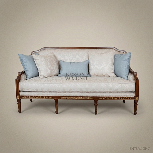 3-Seat Louis XVI Damask Salon Sofa with Gilt Wood Frame