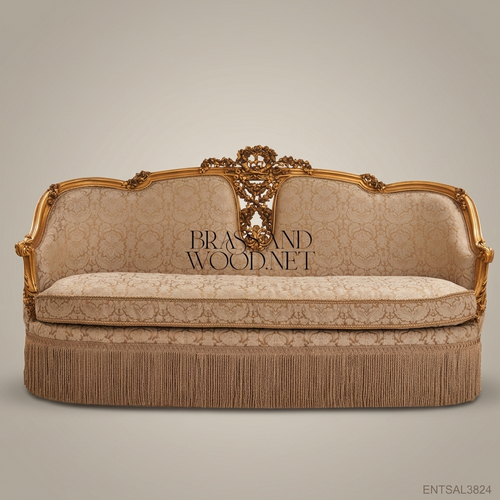 3-Seat Louis XV Gilded Salon Sofa with Damask Upholstery