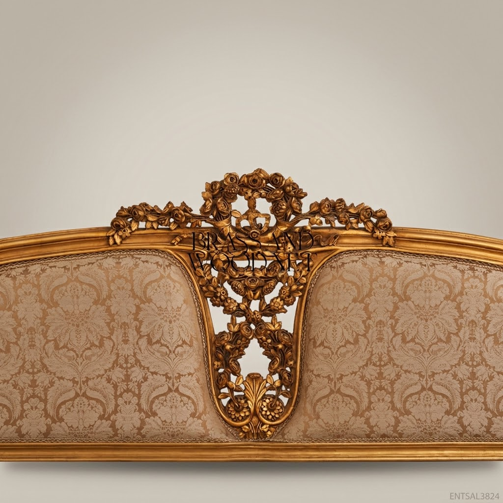 3-Seat Louis XV Gilded Salon Sofa with Damask Upholstery