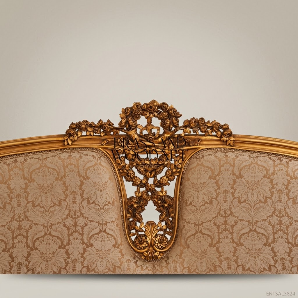 3-Seat Louis XV Gilded Salon Sofa with Damask Upholstery