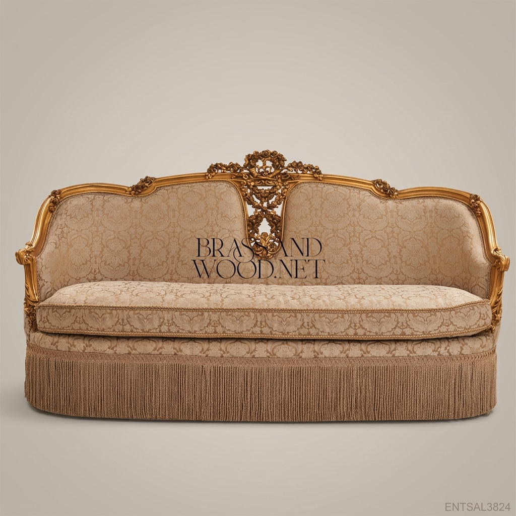 3-Seat Louis XV Gilded Salon Sofa with Damask Upholstery