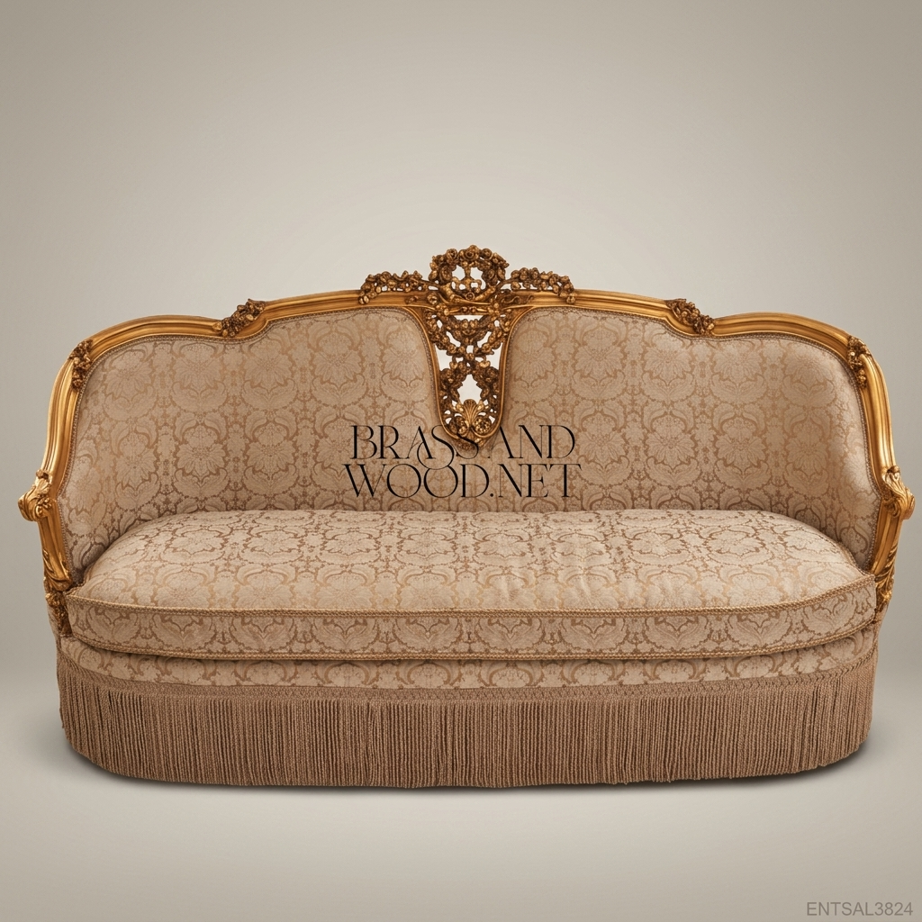 5-Seat Louis XV Gilded Salon Sofa with Damask Upholstery