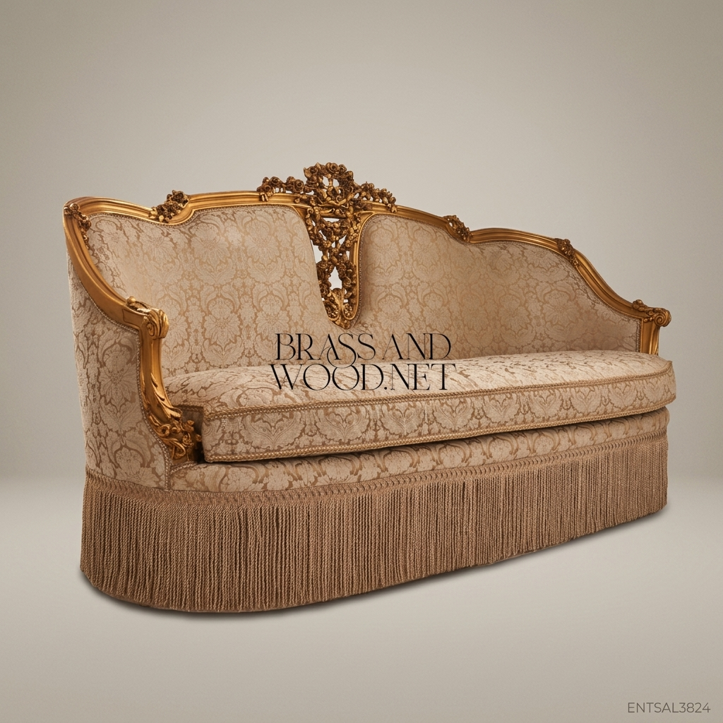 Louis XV 2-Seat Salon Sofa with Gilded Frame & Damask Upholstery