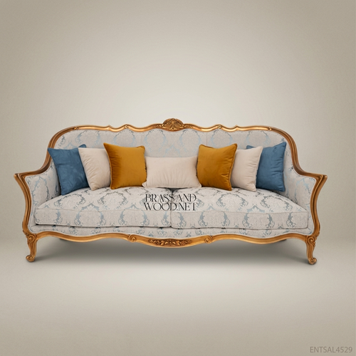3-Seat Louis XV Gilded Salon Sofa – Damask Upholstery