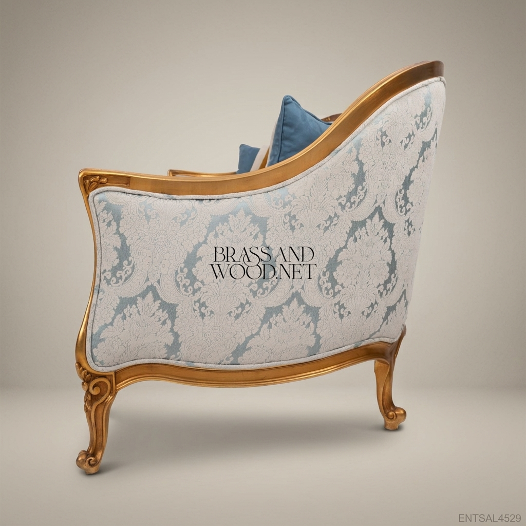 3-Seat Louis XV Gilded Salon Sofa – Damask Upholstery