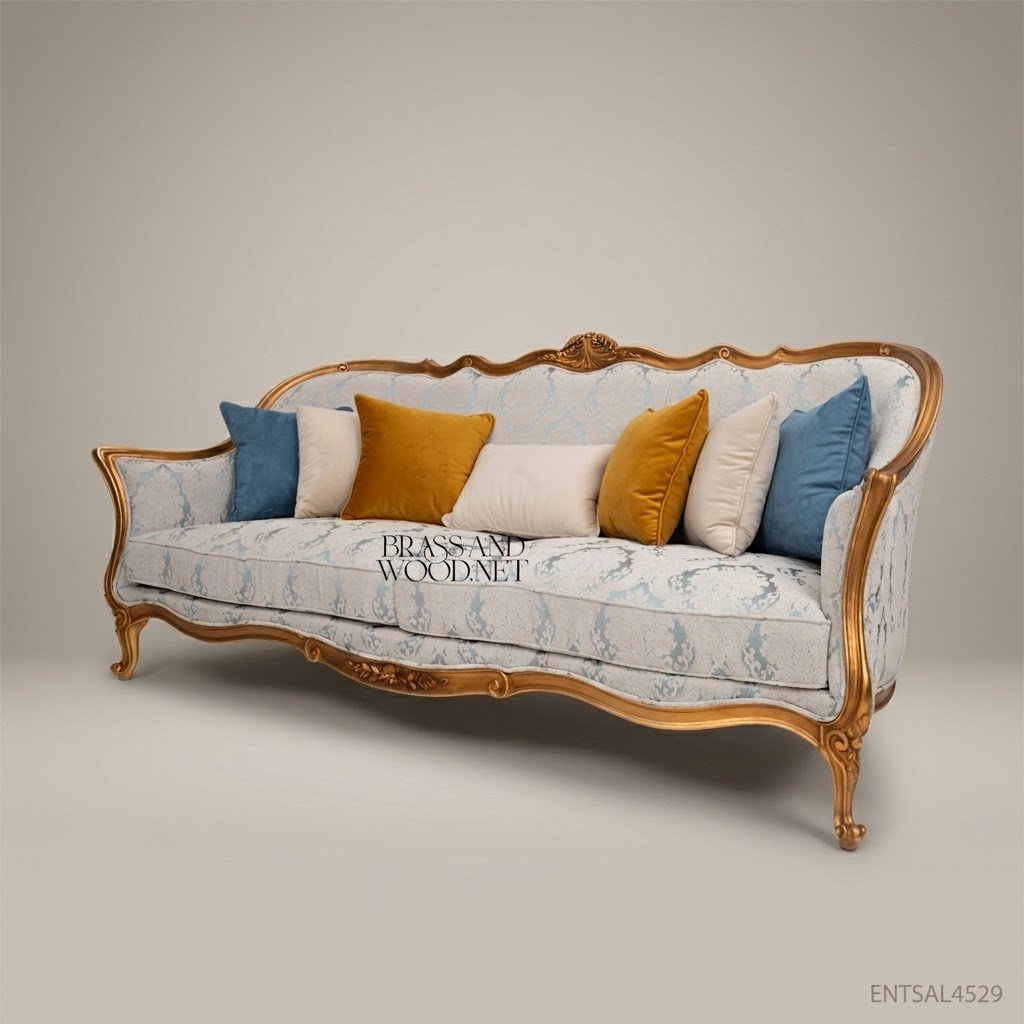 4-Seat Louis XV Gilded Rococo Salon Sofa in Damask Fabric