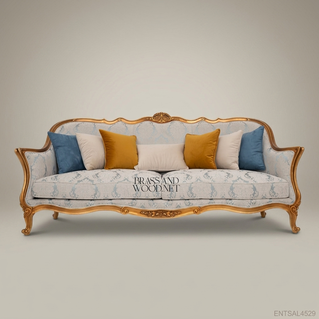 2-Seat Louis XV Gilded Salon Sofa – Damask Upholstery