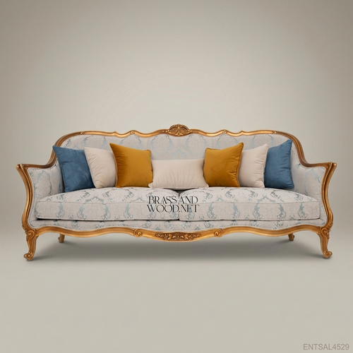 2-Seat Louis XV Gilded Salon Sofa – Damask Upholstery