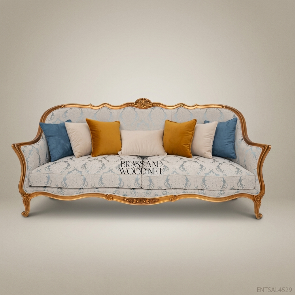 2-Seat Louis XV Gilded Salon Sofa – Damask Upholstery
