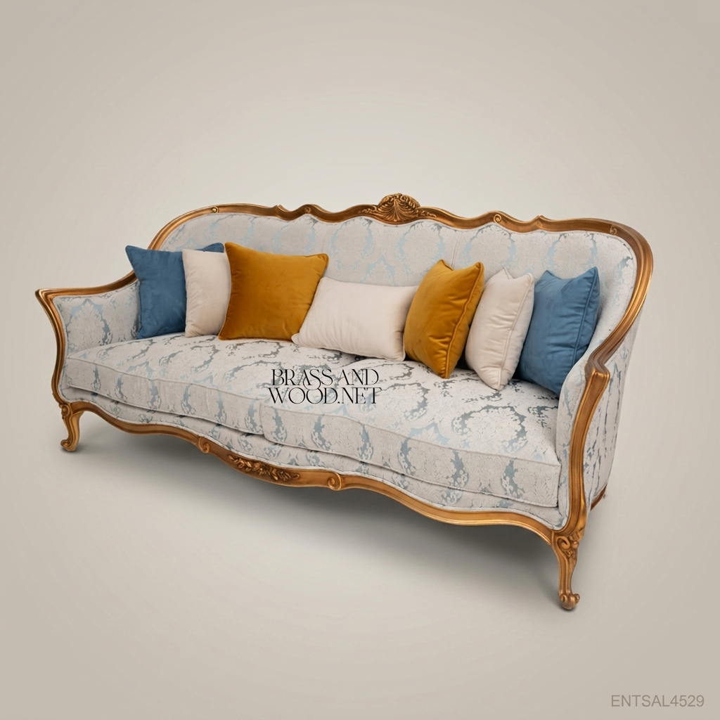 2-Seat Louis XV Gilded Salon Sofa – Damask Upholstery