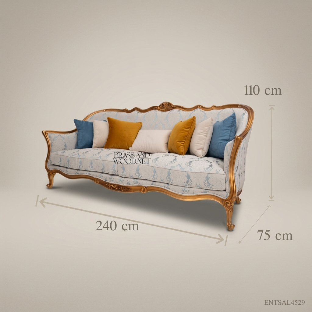 2-Seat Louis XV Gilded Salon Sofa – Damask Upholstery