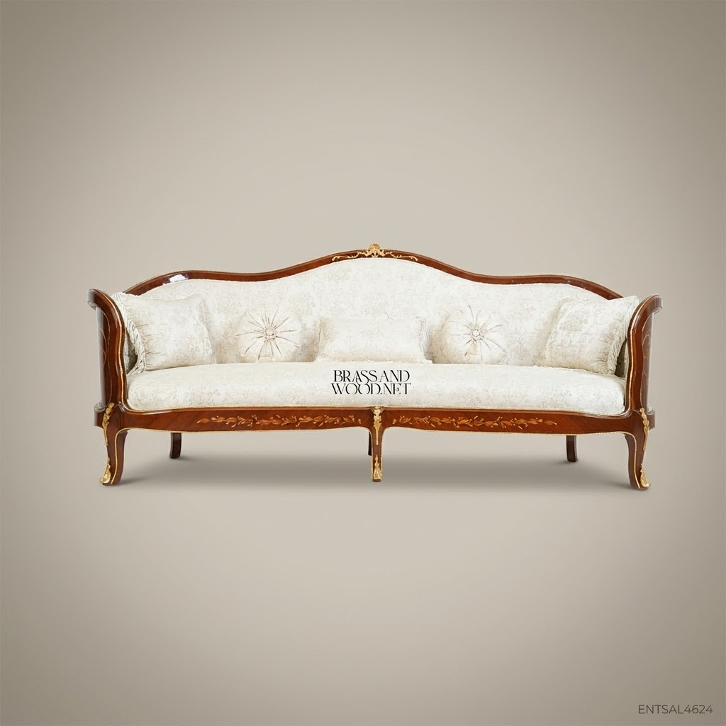 Louis XV 3-Seat Salon Sofa with Gilt Wood & Damask Upholstery