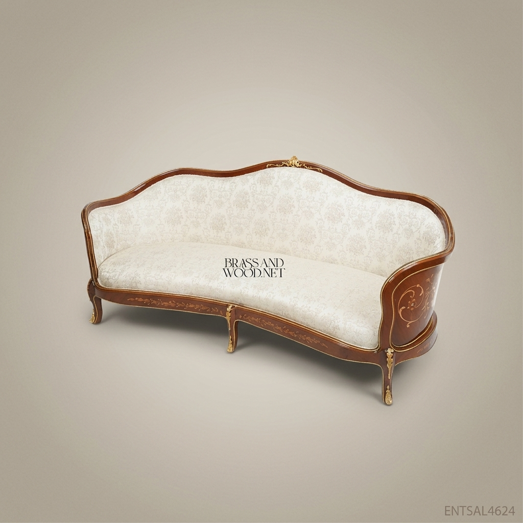 Louis XV 3-Seat Salon Sofa with Gilt Wood & Damask Upholstery