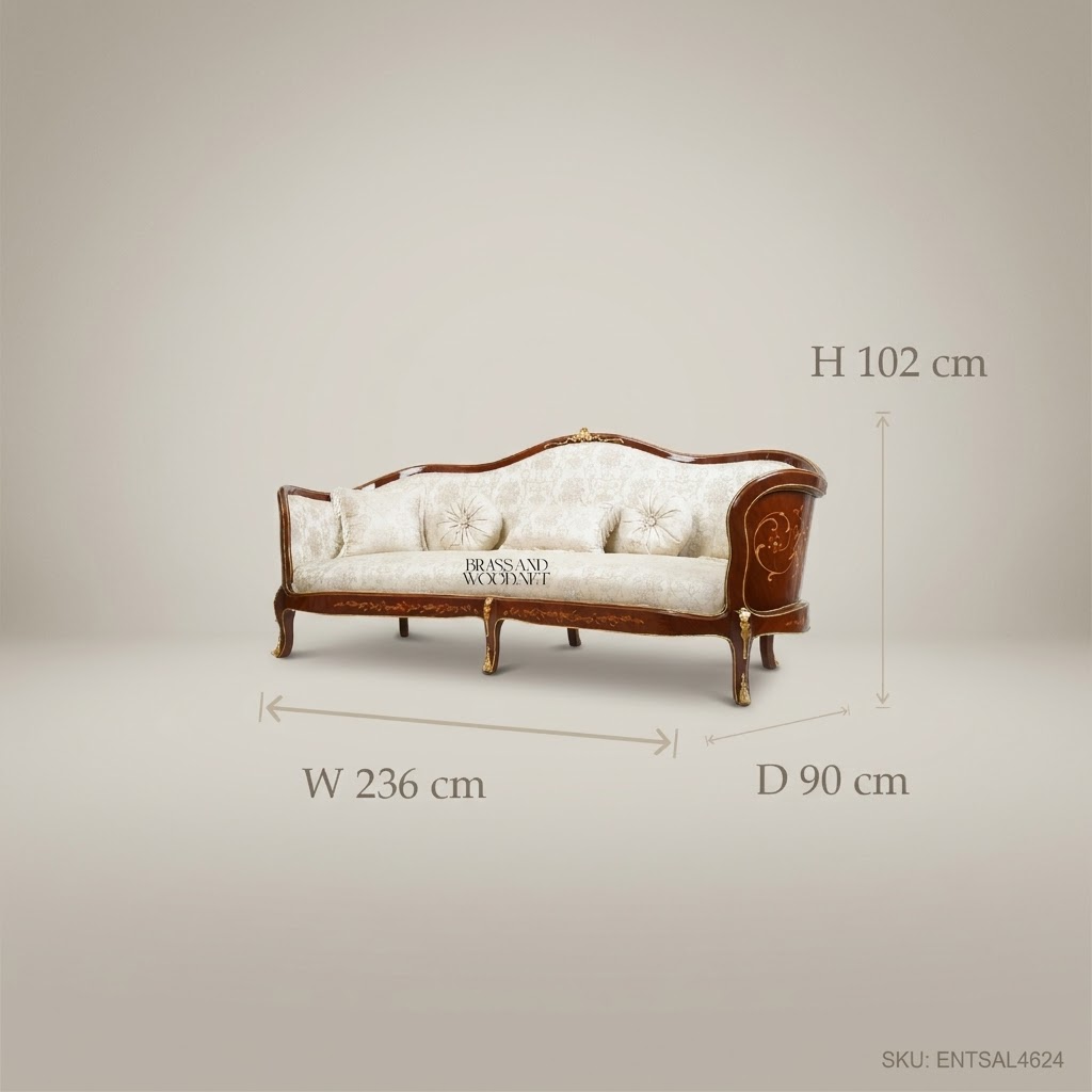 2-Seat Louis XV Salon Sofa with Gilt Marquetry & Damask Upholstery