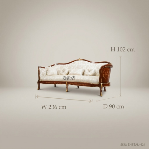 2-Seat Louis XV Salon Sofa with Gilt Marquetry & Damask Upholstery