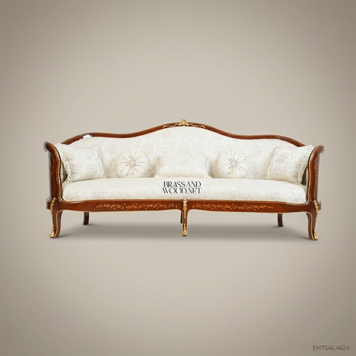 2-Seat Louis XV Salon Sofa with Gilt Marquetry & Damask Upholstery