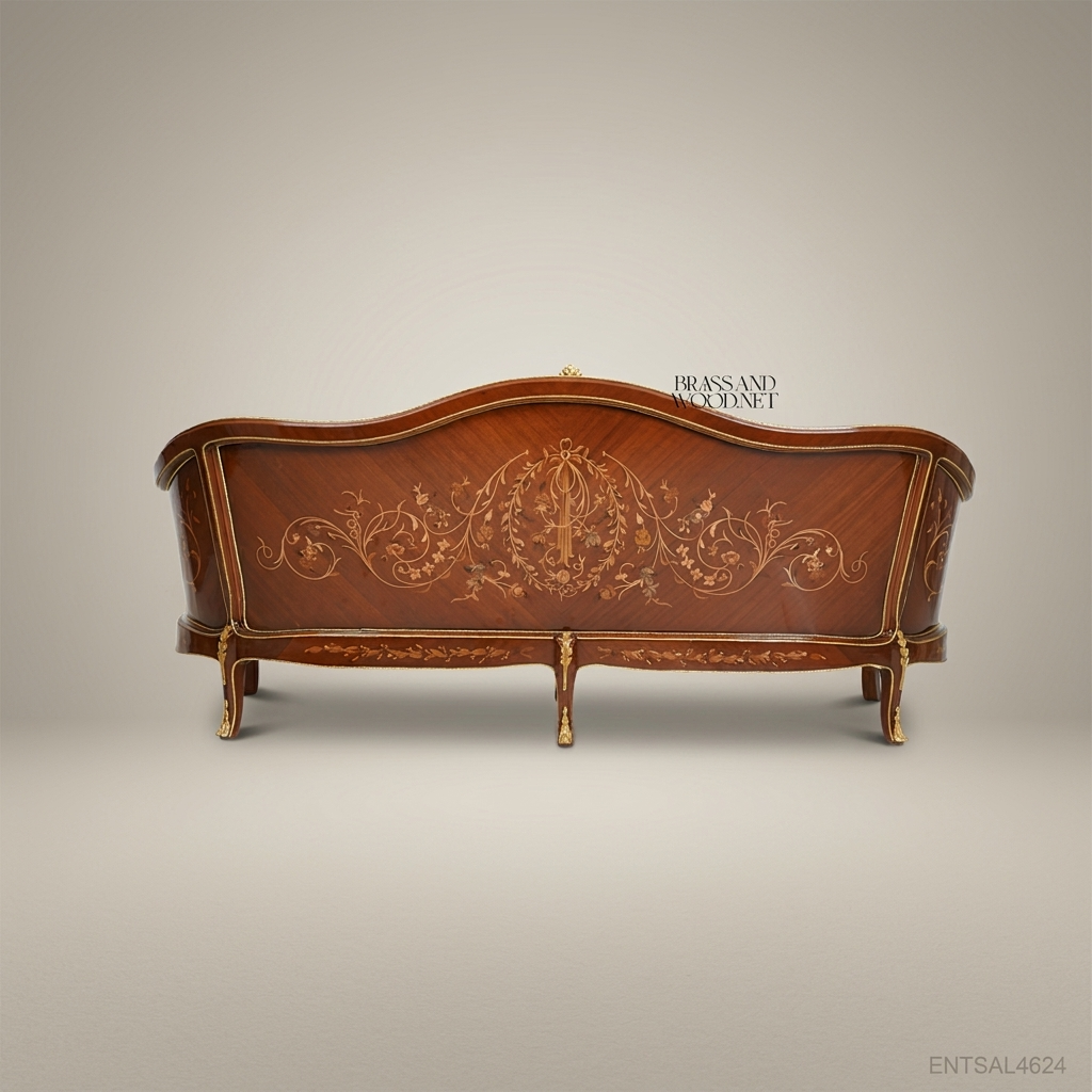 2-Seat Louis XV Salon Sofa with Gilt Marquetry & Damask Upholstery