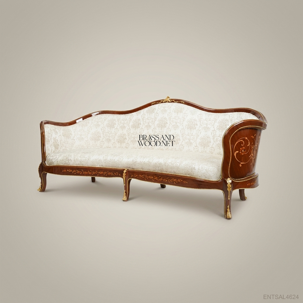 2-Seat Louis XV Salon Sofa with Gilt Marquetry & Damask Upholstery