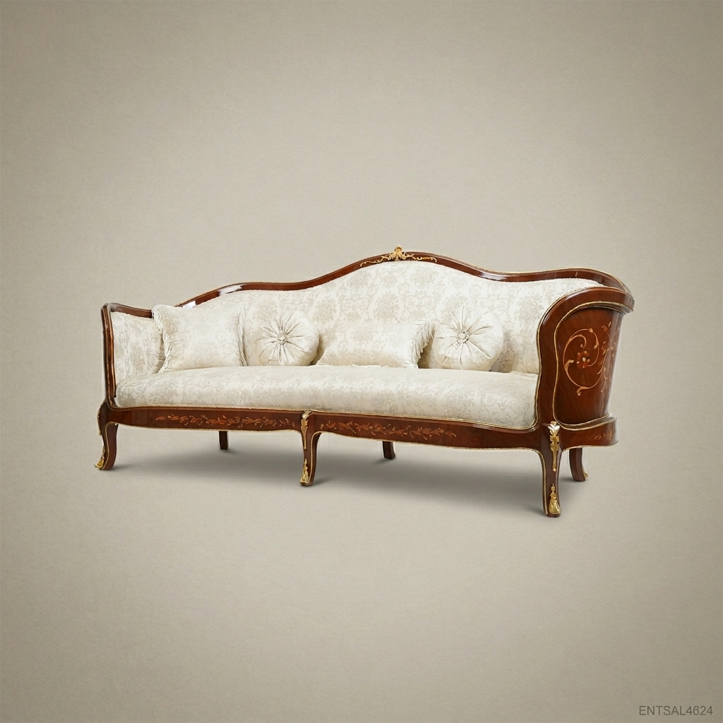 2-Seat Louis XV Salon Sofa with Gilt Marquetry & Damask Upholstery