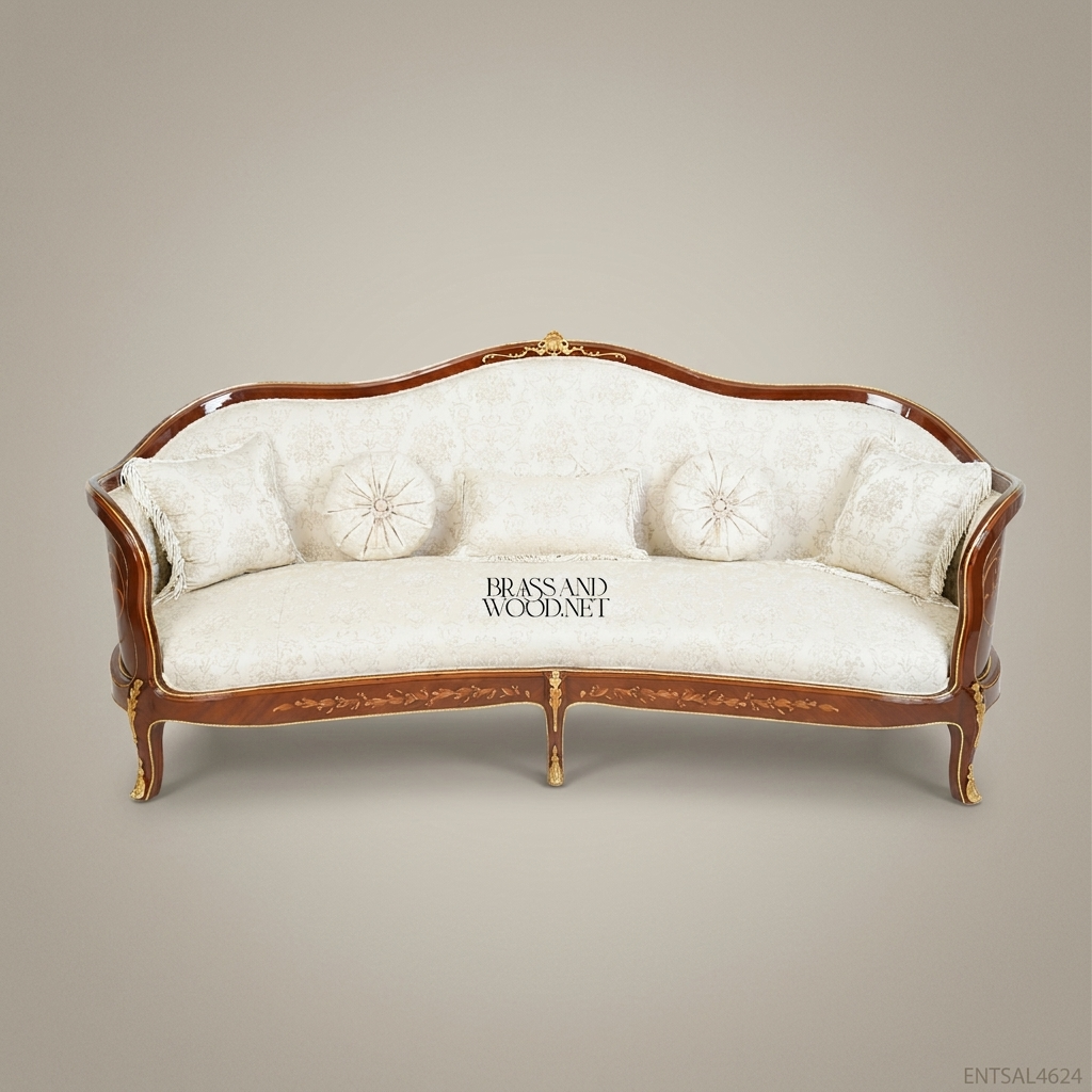 5-Seat Louis XV Marquetry Salon Sofa with Gilt Brass Accents