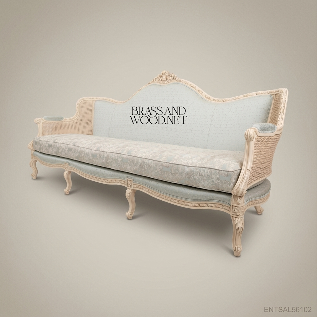 Louis XV Cane & Damask Salon Sofa — 5 Persons