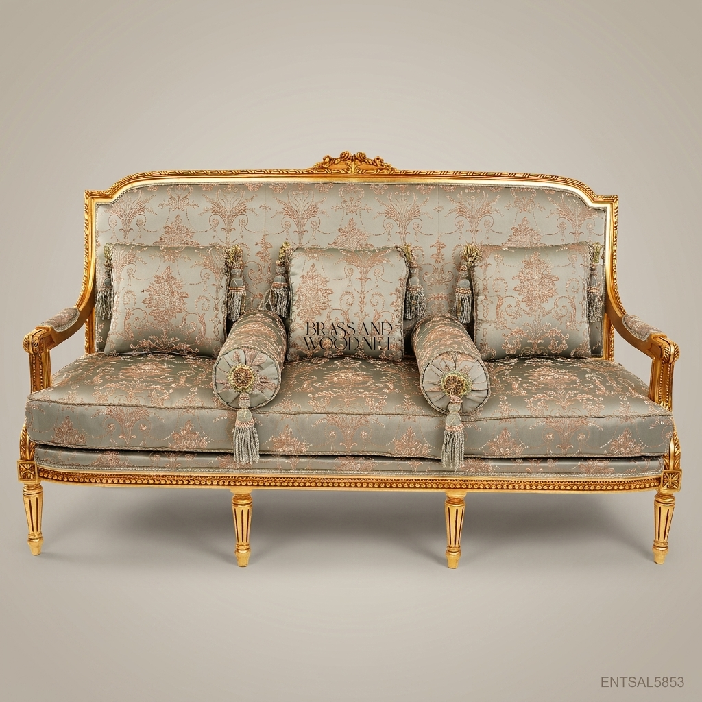 4-Seat Louis XVI Gilded Salon Sofa in Sage Damask Brocade