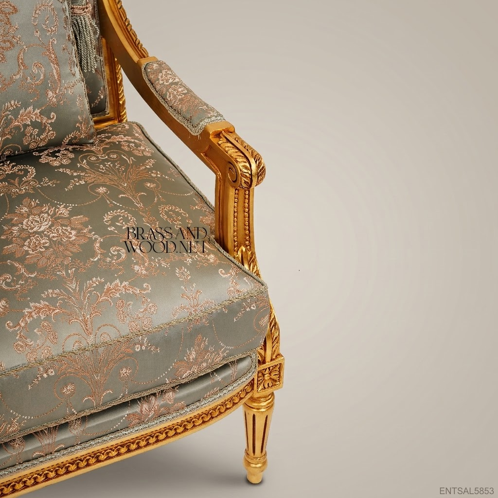 Louis XVI 5-Seat Gilded Salon Sofa – Sage Damask Brocade