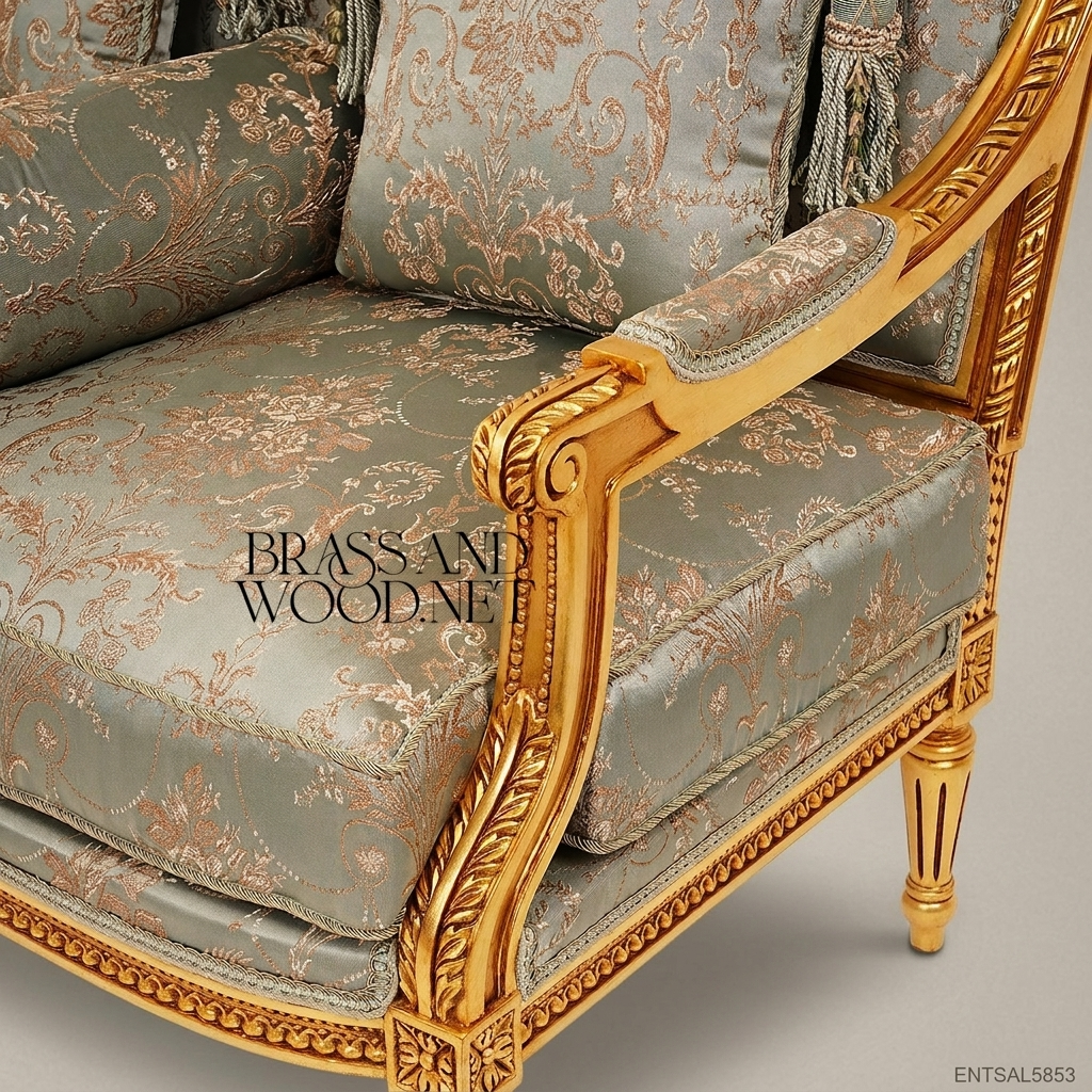 Louis XVI 5-Seat Gilded Salon Sofa – Sage Damask Brocade