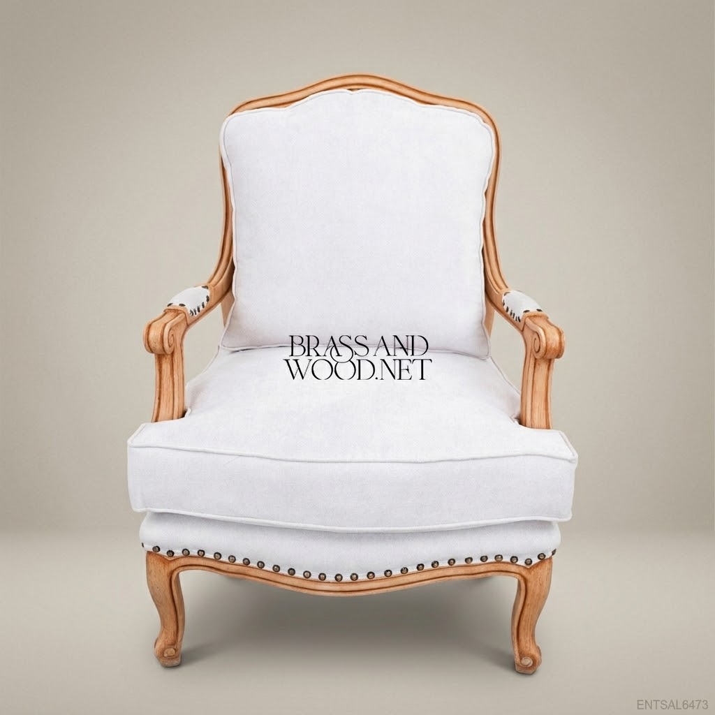 Louis XV Salon Armchair with Cane Back & Nailhead Linen Upholstery