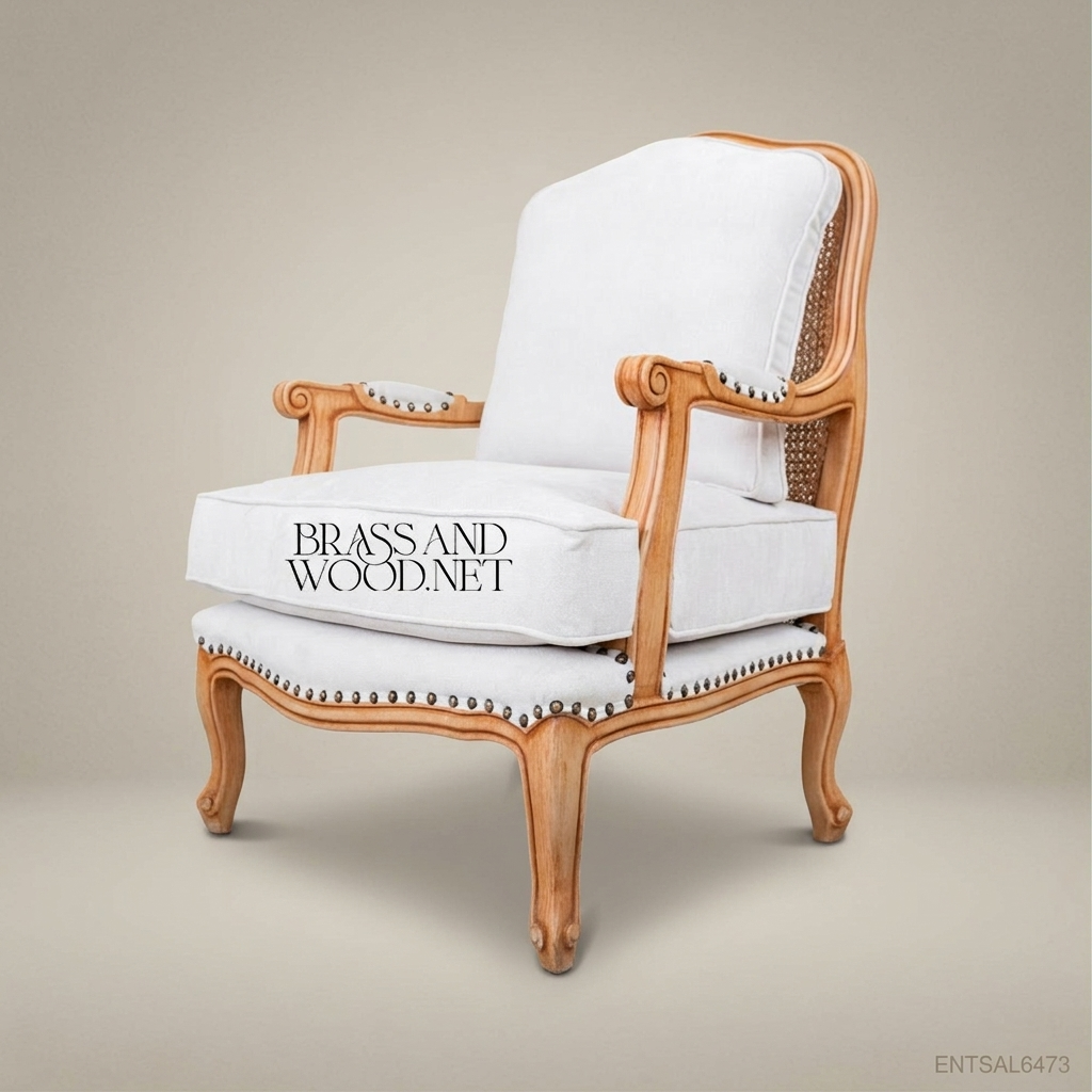 Louis XV Salon Armchair with Cane Back & Nailhead Linen Upholstery